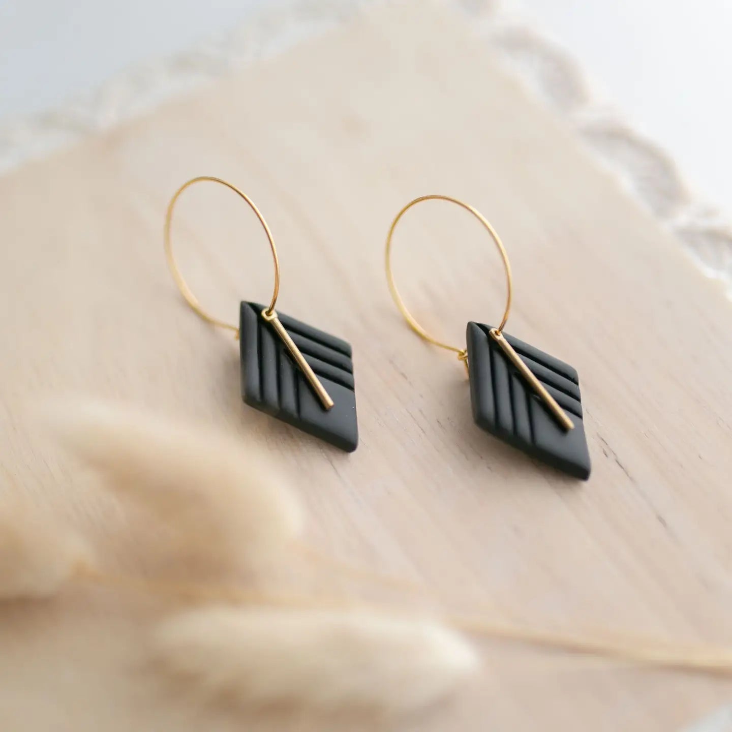 Clay Earrings-Black Diamond Shape